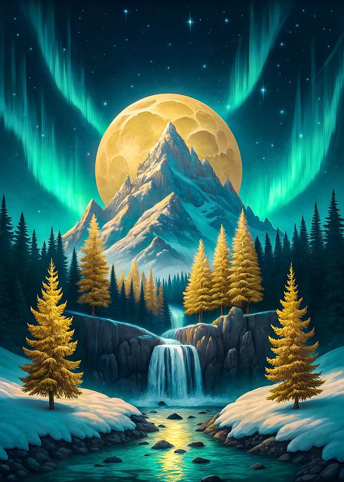 Winter Aurora Mountain Waterfall with Moonlit Glow Fantasy Art