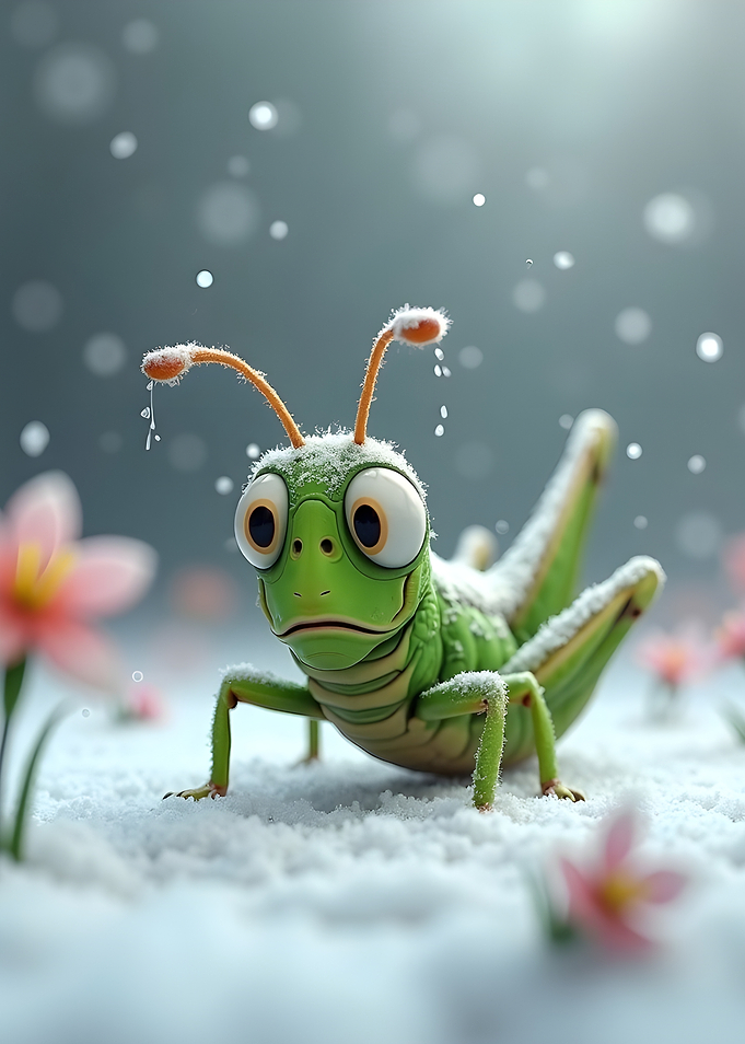 Cartoon Grasshopper in Winter Scene