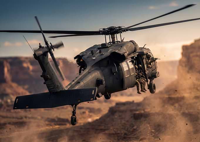 Military Helicopter in Flight over Desert