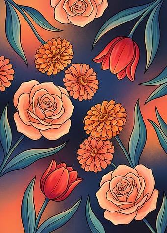 Floral Pattern with Roses, Tulips, and Zinnias