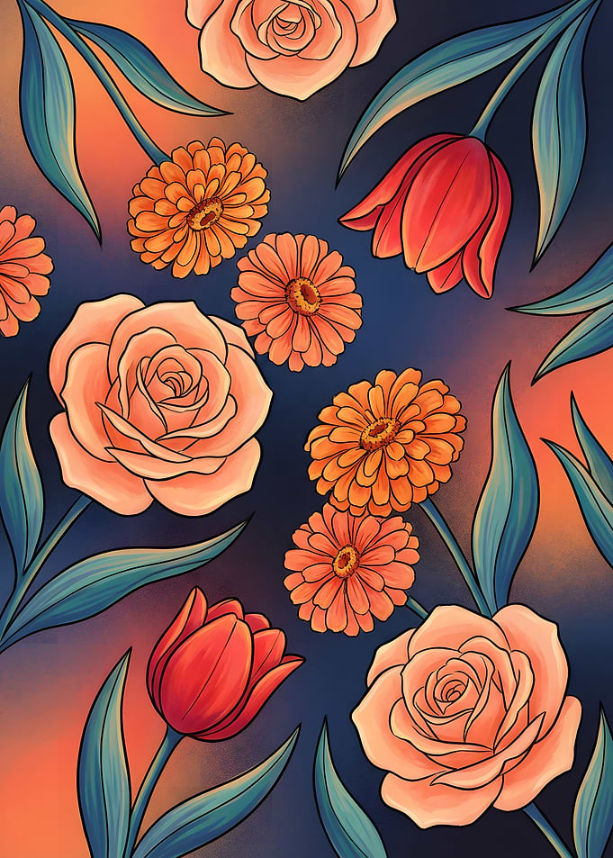 Floral Pattern with Roses, Tulips, and Zinnias