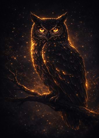 Golden Owl Perched on Branch in the dark