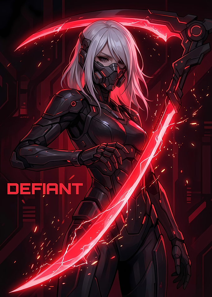 Defiant Cyberpunk Warrior with Glowing Scythe