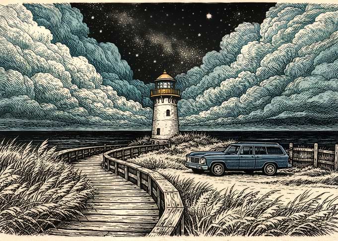 Lighthouse, Car, and Cloudy Night
