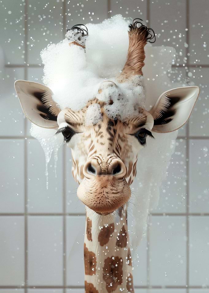 Giraffe taking a bath