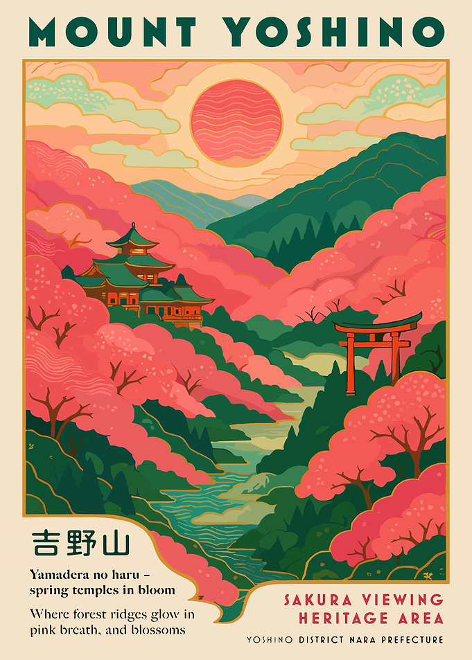 Mount Yoshino Sakura Poster, Japanese Cherry Blossom Travel Art, Nara Japan Landscape Print