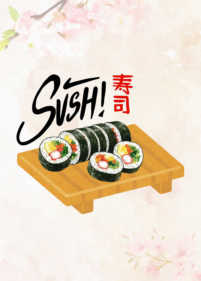 Sushi Illustration with Cherry Blossom Background