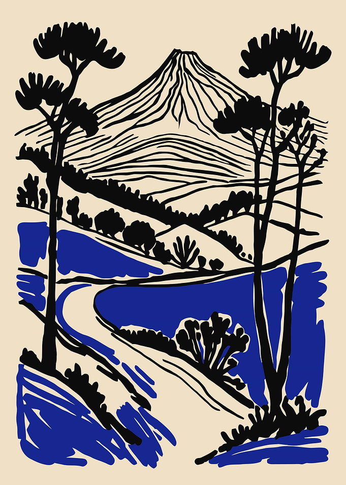 Minimalist Landscape with Mountain and Trees