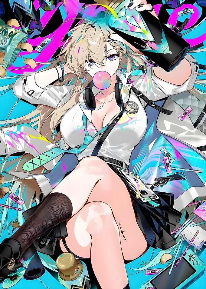 Anime Girl with Bubblegum and Headphones