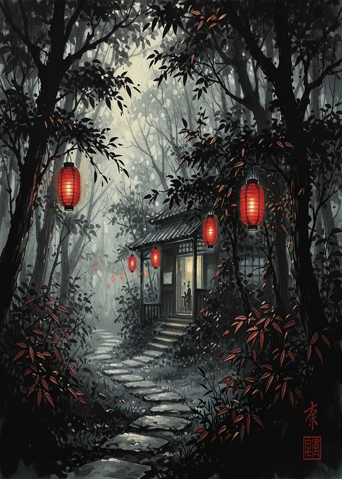 Japanese House in Forest with Lanterns