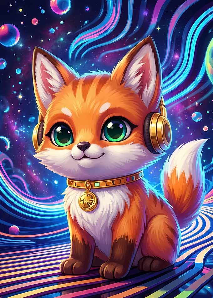 Cute Fox with Headphones in Space