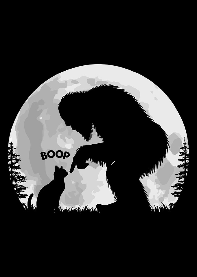 Bigfoot Boop Cat Poster, Cute Sasquatch Moon Wall Art, Whimsical Forest Silhouette Print