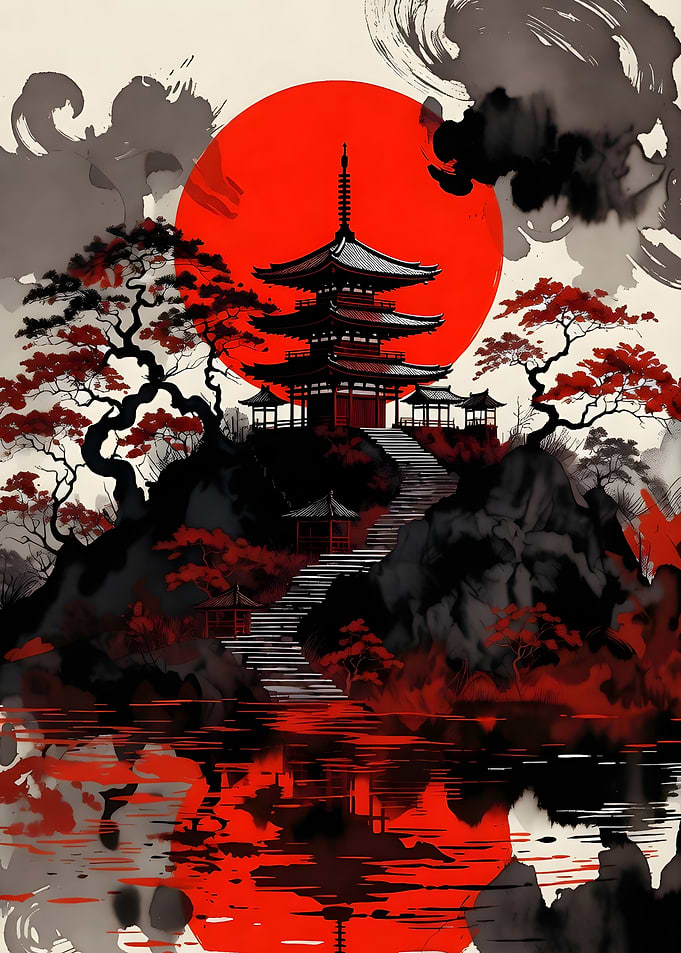 Japanese Pagoda with Red Sun