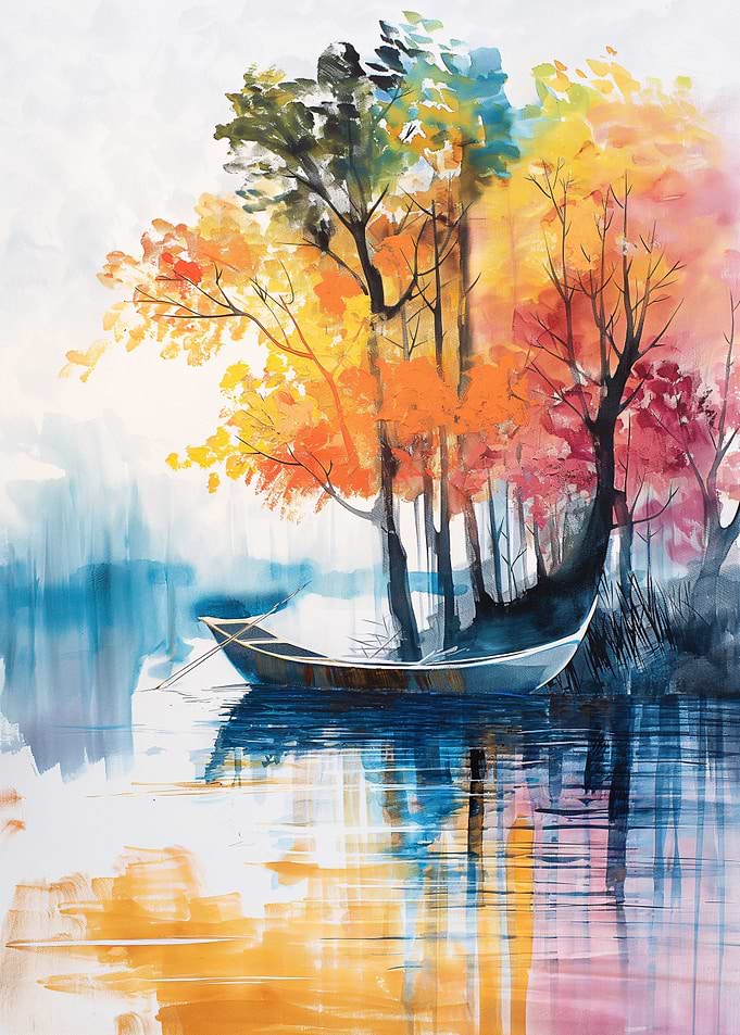Autumn Lake Boat Watercolor Painting