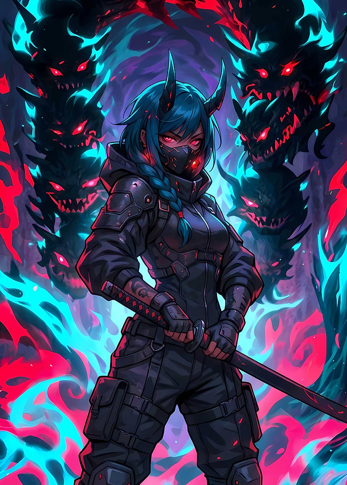 Cyberpunk Oni Warrior with Katana