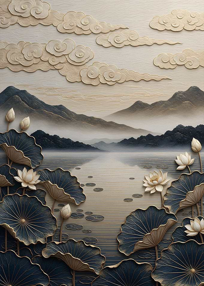 Lotus Pond at Dawn – Nature Asie Gilded Zen Relief Art