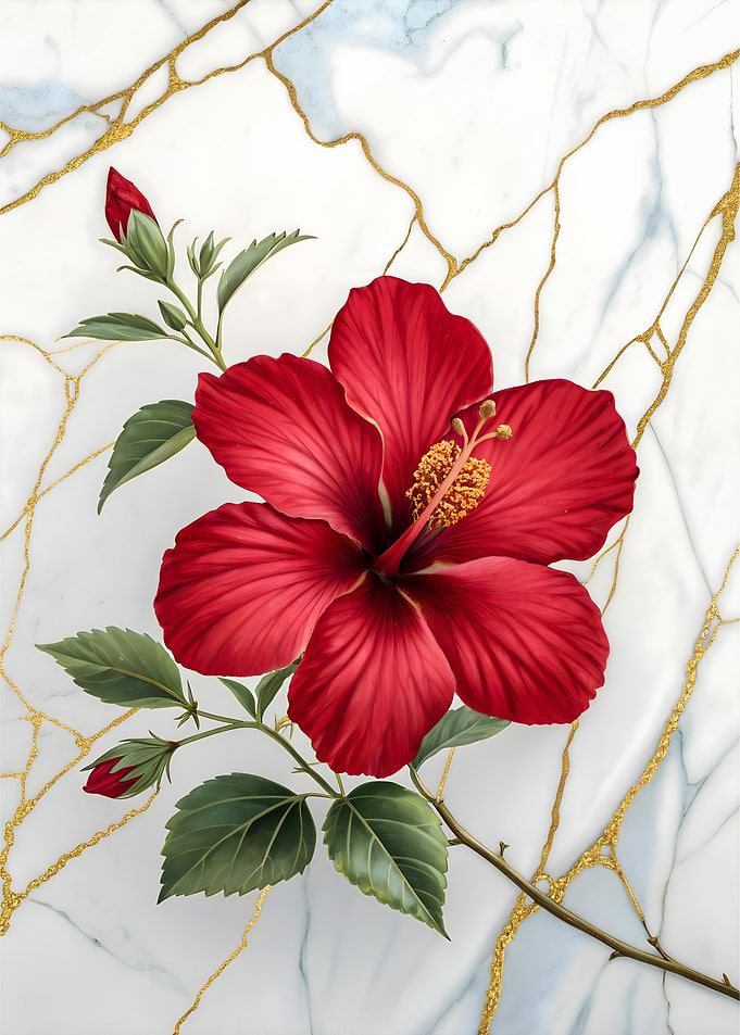 Red Hibiscus Flower Painting with Gold Accents Marble Texture