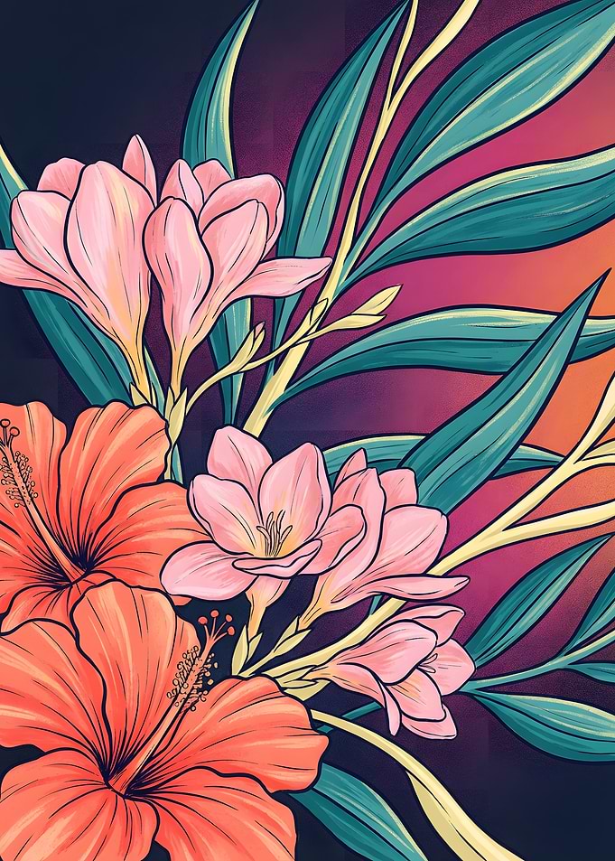 Floral Illustration with Hibiscus and Freesia