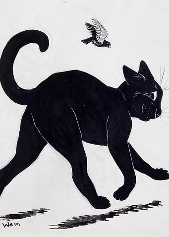 Black Cat and Bird Illustration
