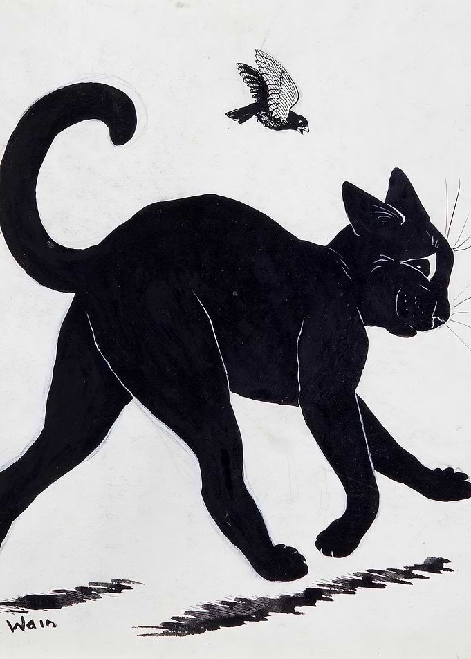 Black Cat and Bird Illustration