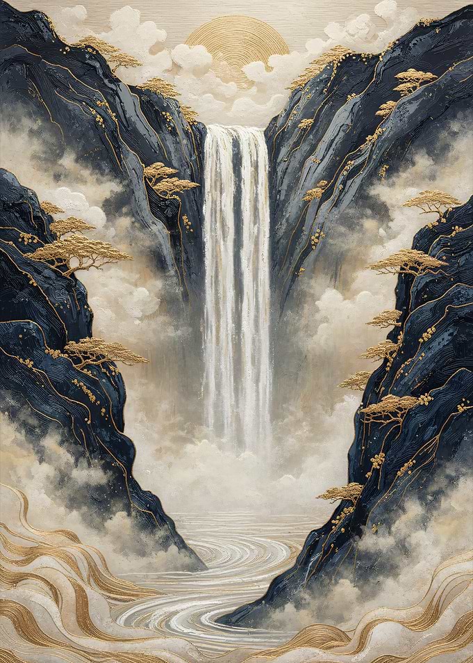 Waterfall in Hidden Canyon – Nature Asie Gilded Zen Relief Art