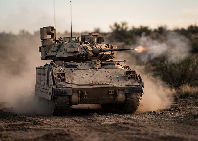 Military Tank Firing in Desert Landscape