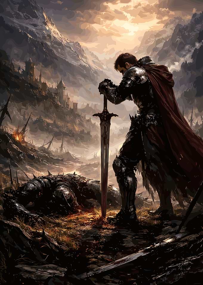 Knight after battle with sword