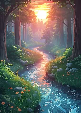 Forest Stream at Sunset