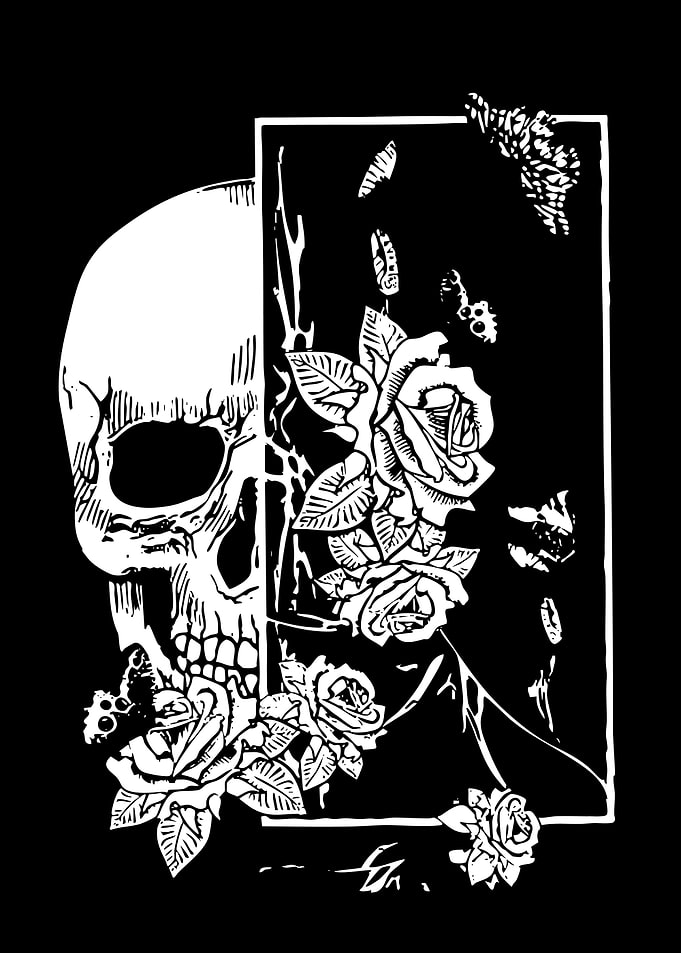 Skull, Roses, and Butterfly Black and White