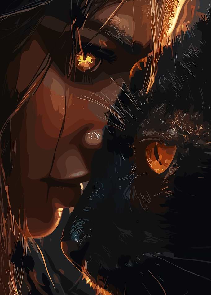 Woman and Black Cat Digital Art