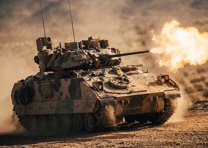 Military Tank Firing in Desert Landscape