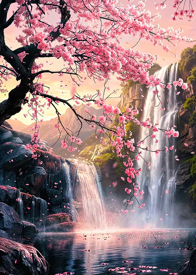 Cherry Blossoms and Waterfall Landscape