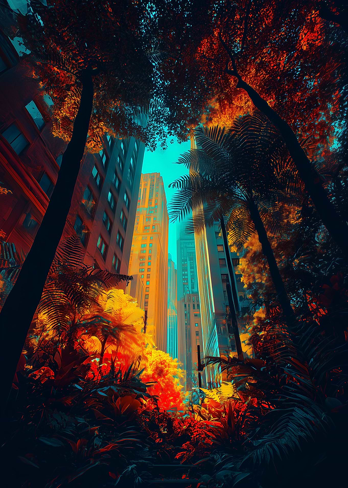 Urban Jungle: Cityscape with Lush Foliage