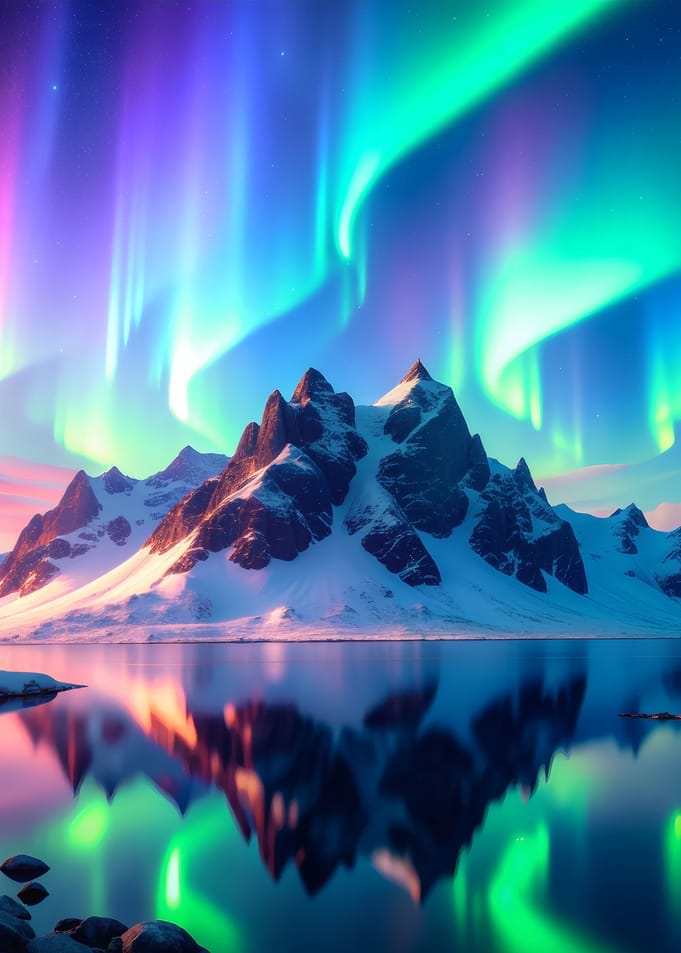 Aurora Borealis over Snowy Mountains