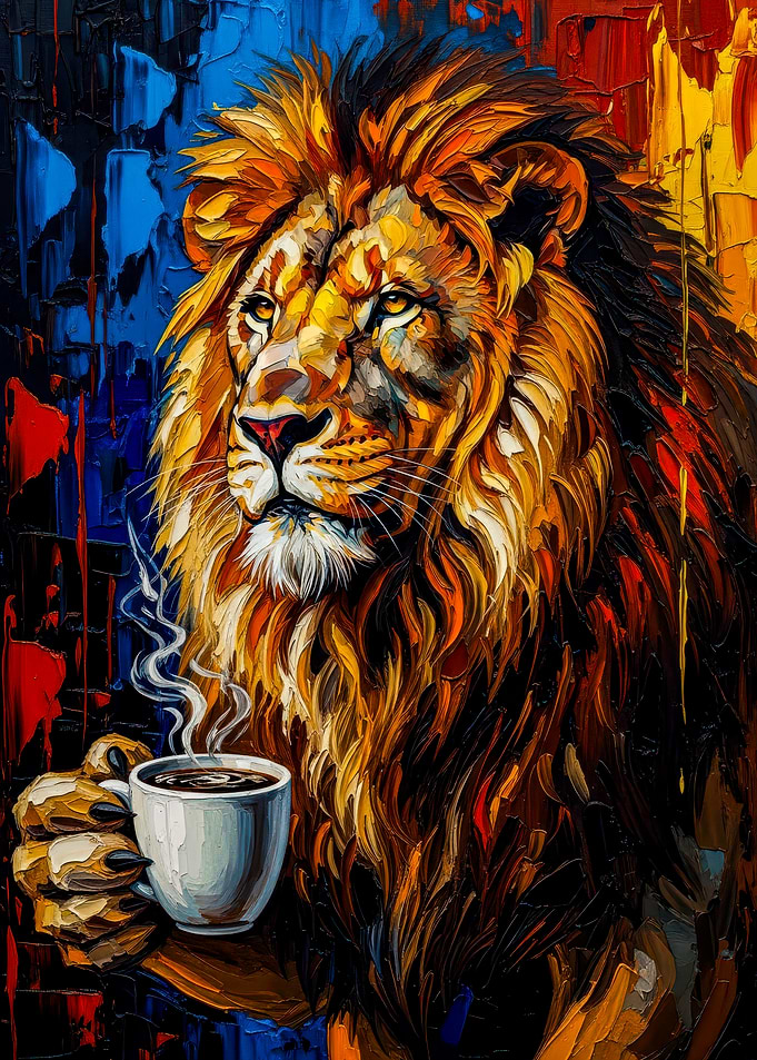 Lion with Coffee Cup Painting