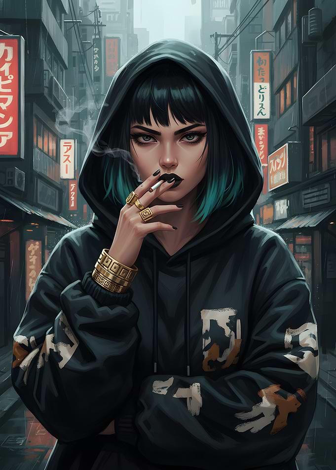 Cyberpunk Girl Smoking in Cityscape