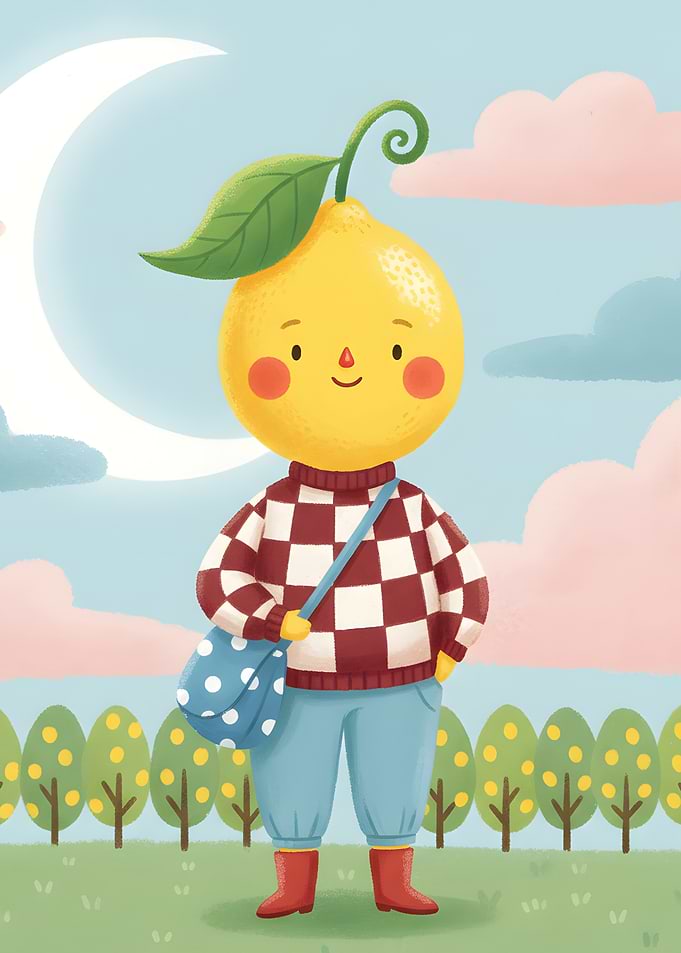 Lemon Character Illustration with Moon