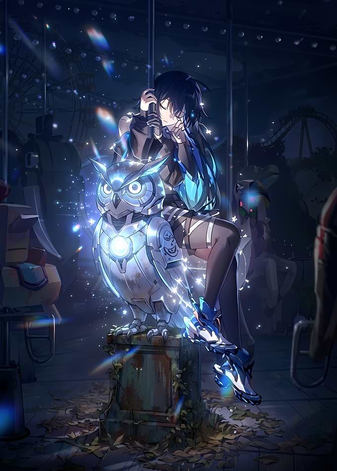Anime Girl with Robotic Owl in Park
