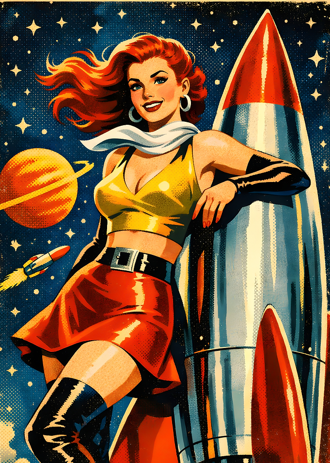 Retro Space Girl with Rocket 1950