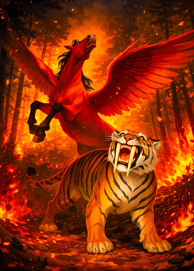 Pegasus and Saber-Toothed Tiger in Flames