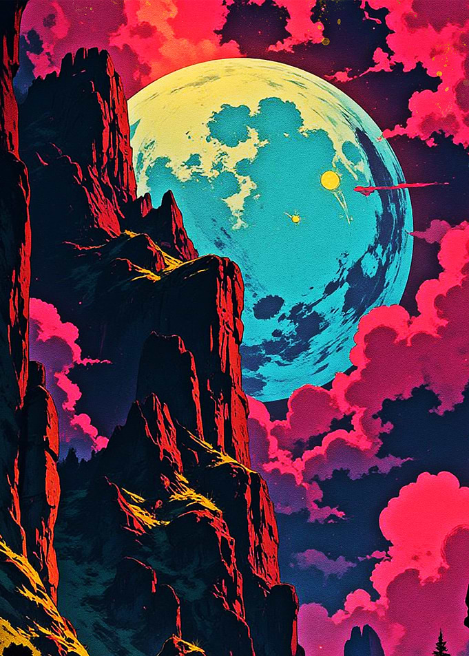 Surreal Mountain Landscape with Moon