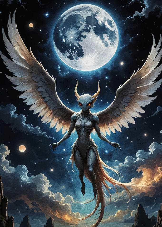 Winged Alien Creature Under Moonlight