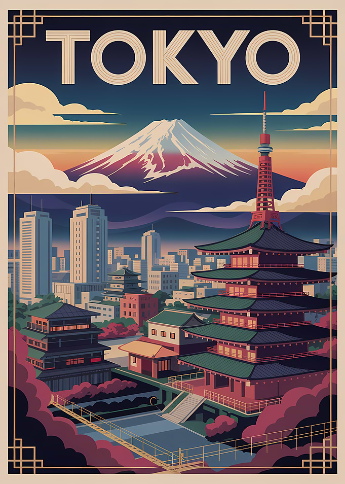 Tokyo cityscape with Mount Fuji poster