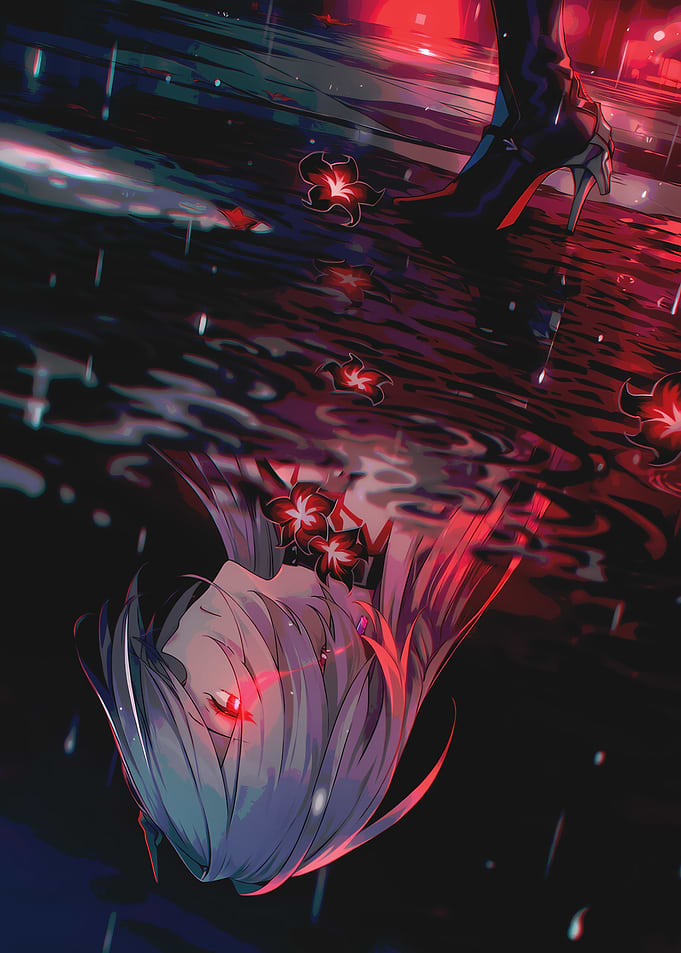 Anime Girl Reflection in Rainy Puddle
