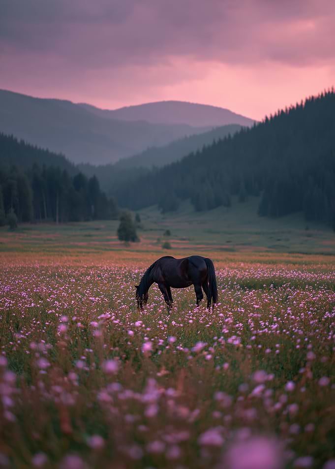 Horse Grazing in a Flower Field