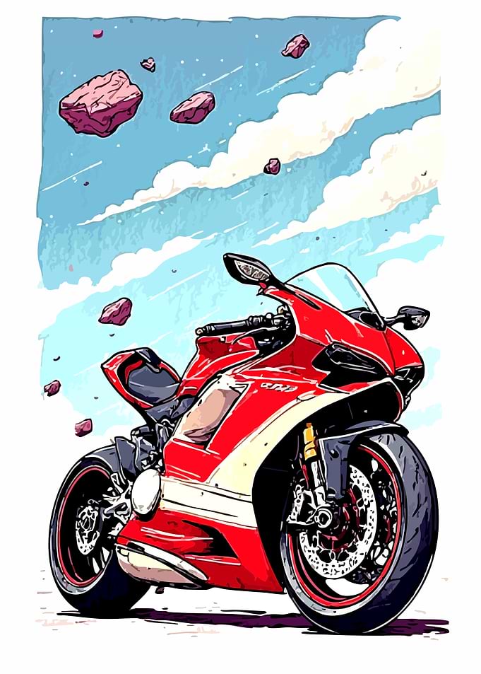 Red Motorcycle with Floating Rocks