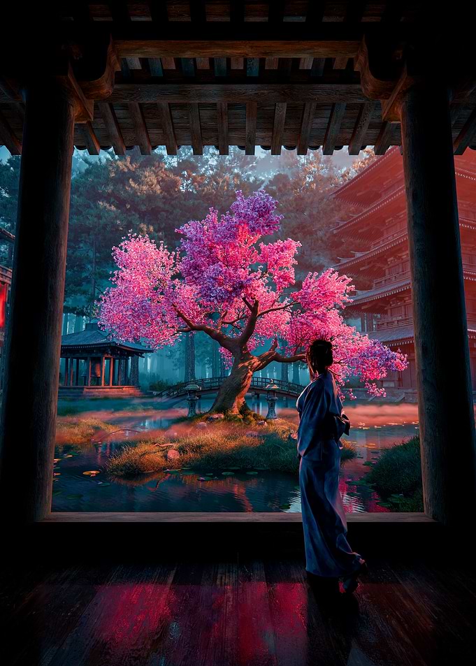 Spring Japan Garden with Sakura Tree