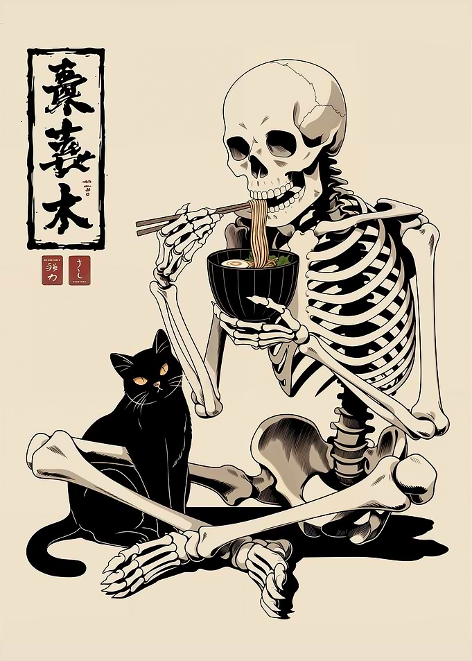 Midnight Ramen with a Skeleton and Black Cat