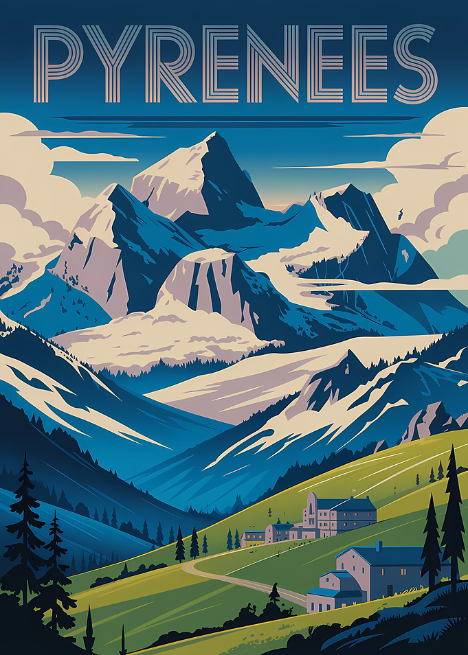 Pyrenees Mountain Landscape Illustration