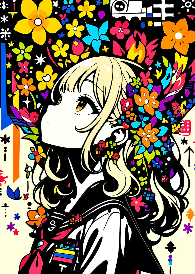 Anime Girl with Flowers and Patterns